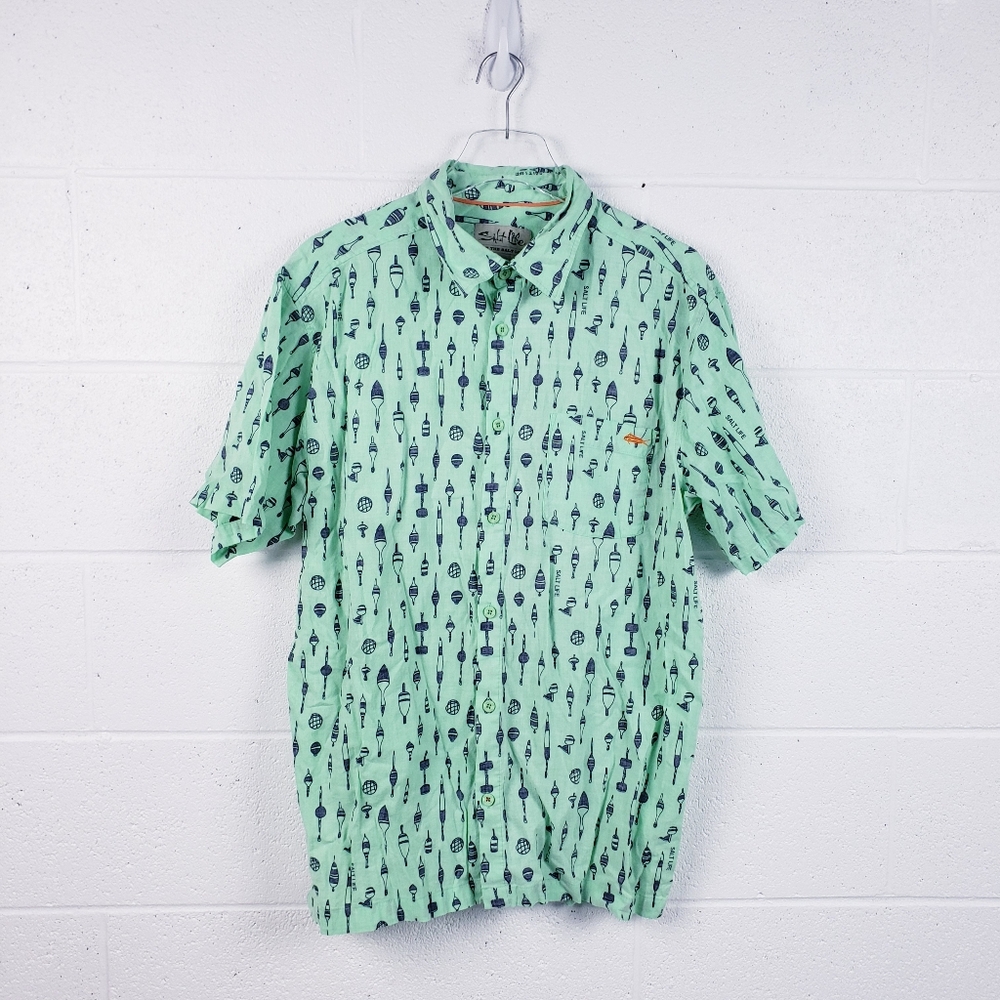 Salt Life Mens Button Up Shirt L Large Green Bobbers Fishing Pocket Short Sleeve